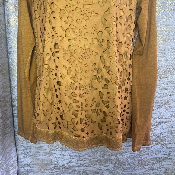 Unique Marigold Color Lace Eyelet Sequin’s Long Sleeve Blouse - Picture 5 of 13